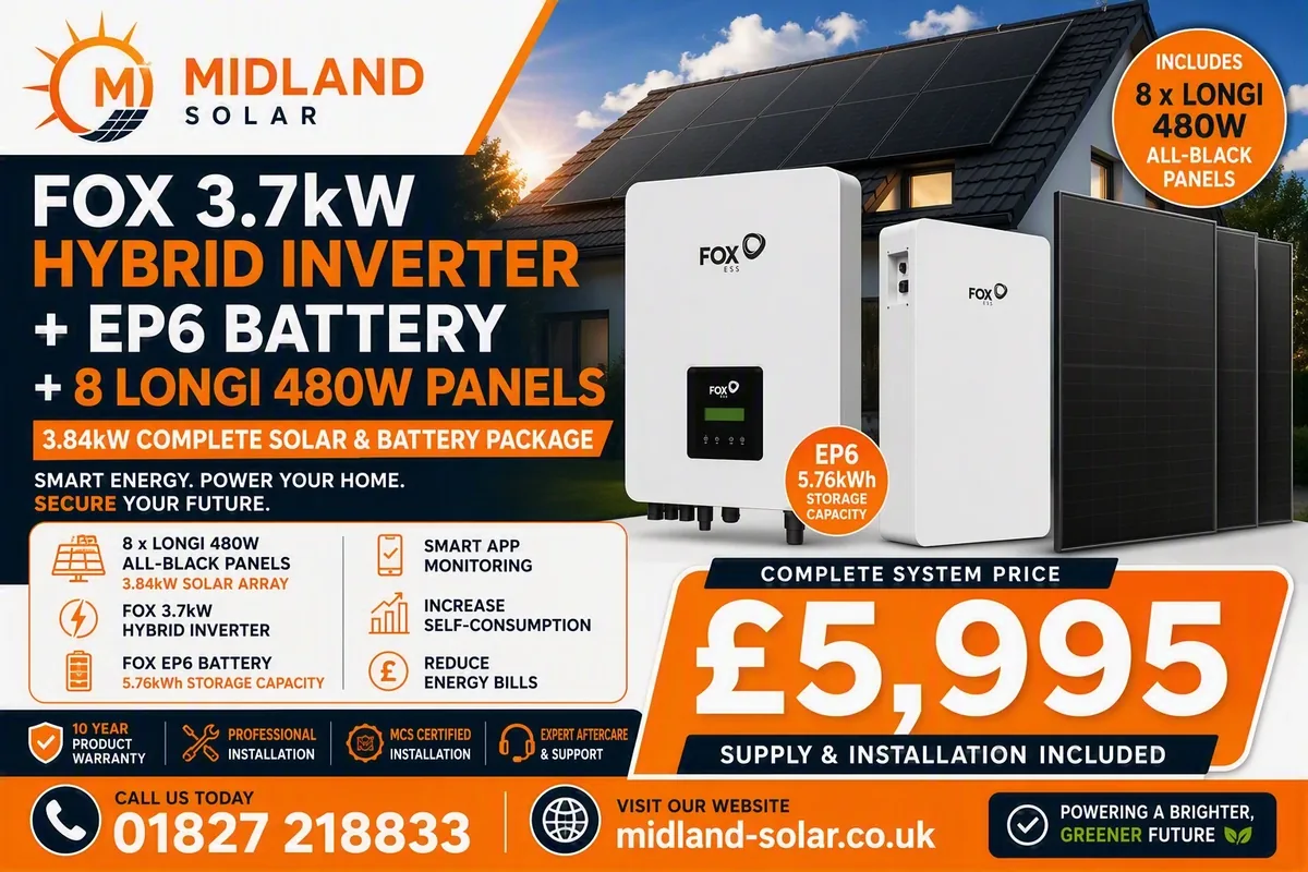 Midland Solar package deal: Fox 3.7kW hybrid inverter, Fox ESS EP6 5.76kWh battery and 8 LONGi 480W all-black panels — a 3.84kW complete solar and battery package. Complete system price £5,995, supply and installation included. MCS certified installation with a 10-year product warranty.